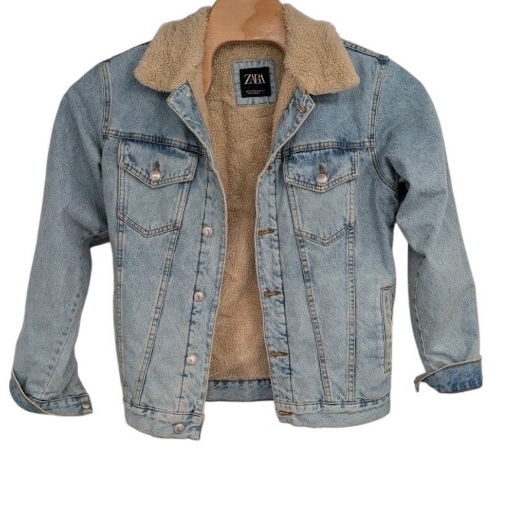 Zara Men's Fleece-lined sherpa denim jacket faded blue wash‎ sz S